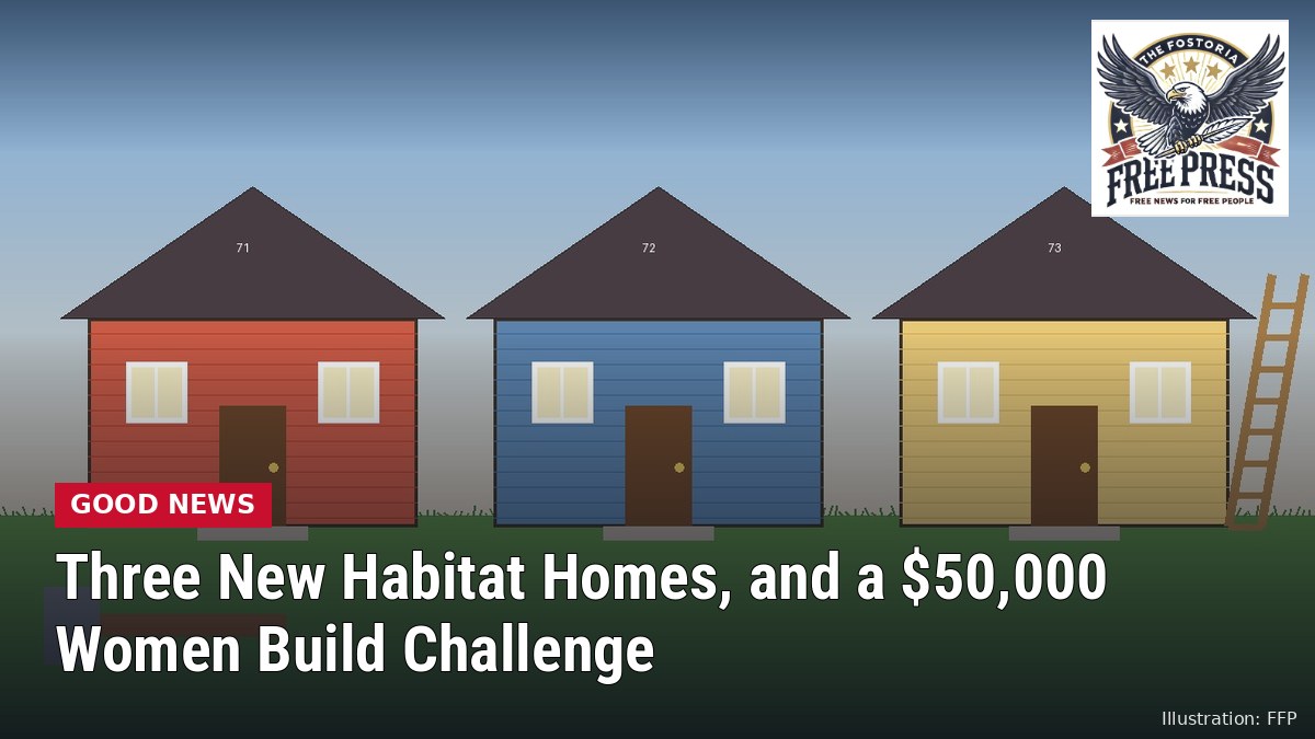 Illustration of three new single-family homes numbered 71, 72 and 73 on a grassy lot with a ladder and hammer, with headline: Three New Habitat Homes, and a $50,000 Women Build Challenge